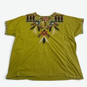 Johnny Was Top Womens Medium Embroidered Boho Festival Green Floral Feather